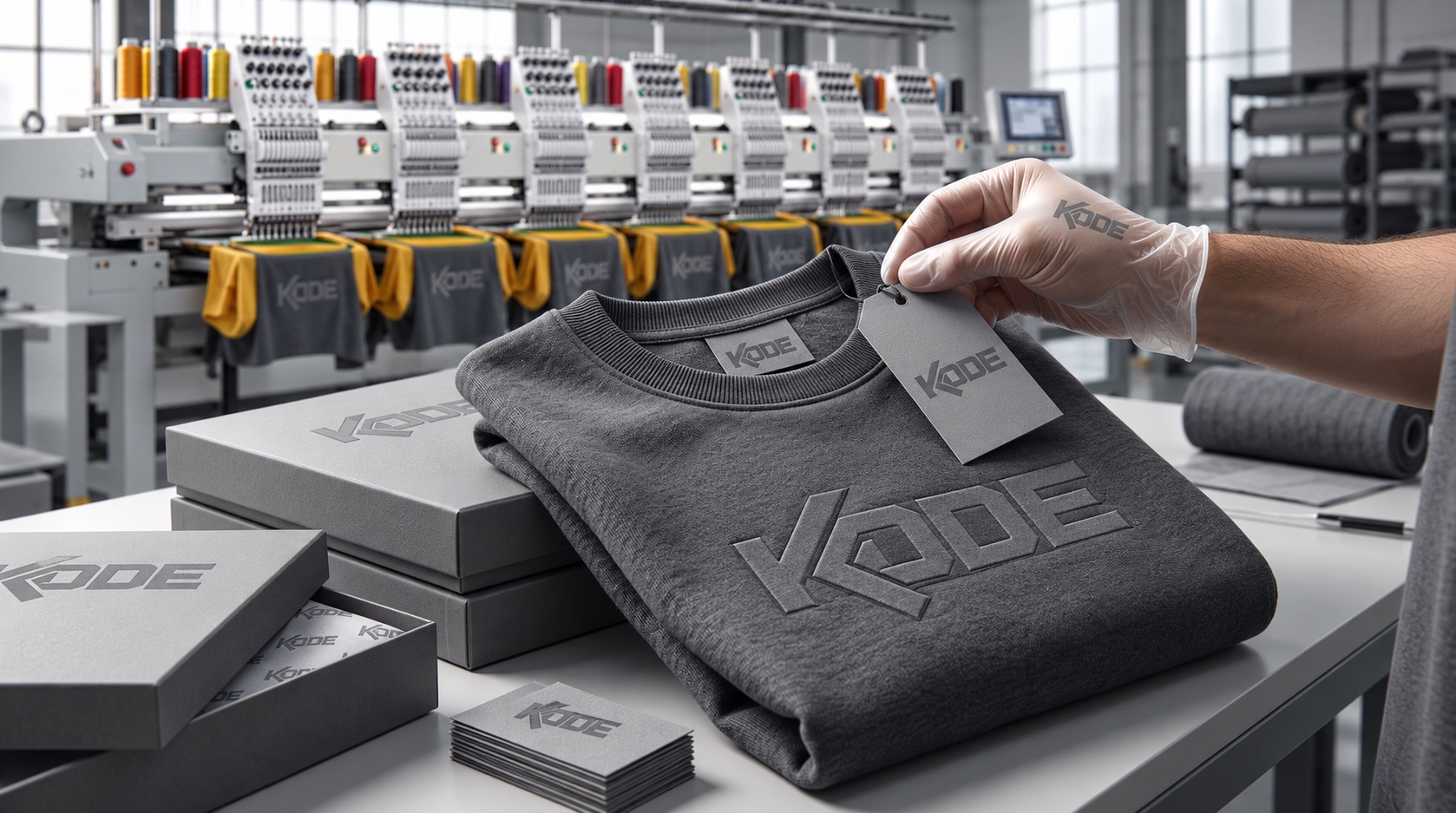 A folded sweatshirt carrying a neck label, hang tag and chest logo, boxed and ready