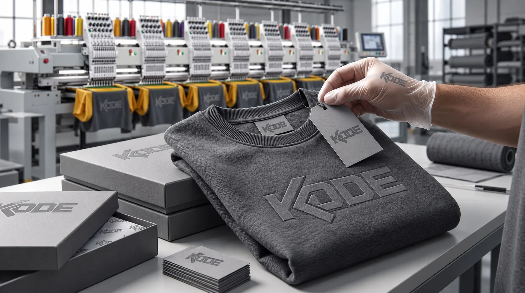 A folded sweatshirt carrying an embroidered chest logo, boxed and ready