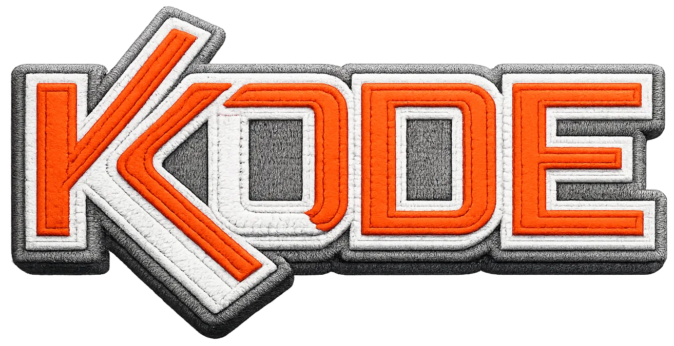 An embroidered appliqué KODE patch — one of the decorated products Kode supplies