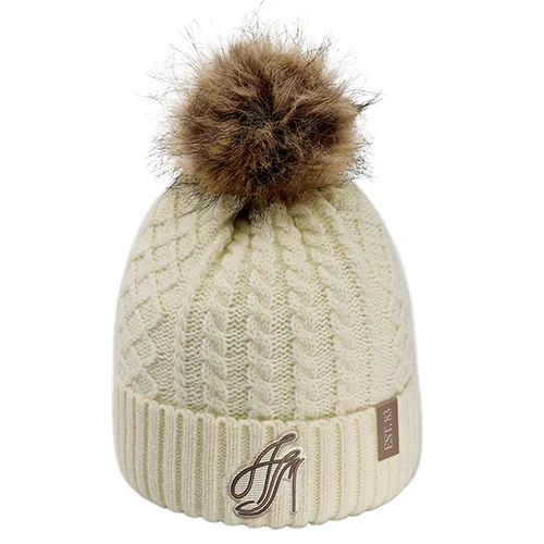 AJM 1E140L Women's Cable Cuff Toque with Faux-Fur Pom