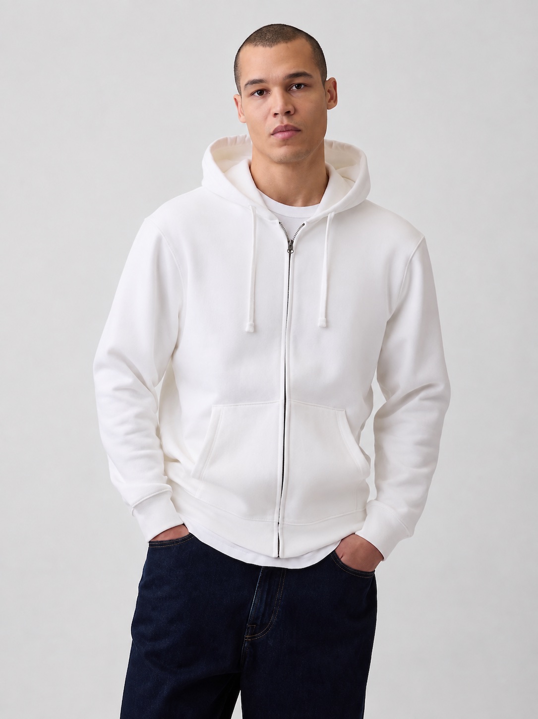A blank white full-zip hoodie