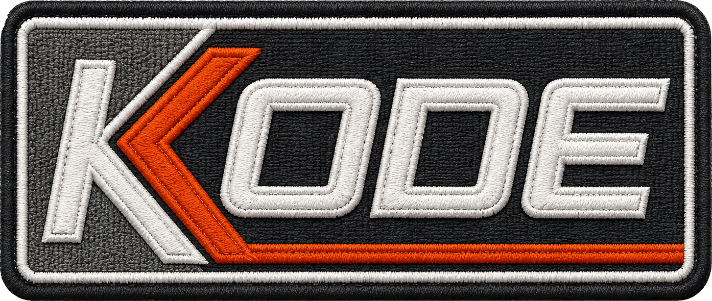 Kode Garment woven patch with merrowed edge, applied centre chest