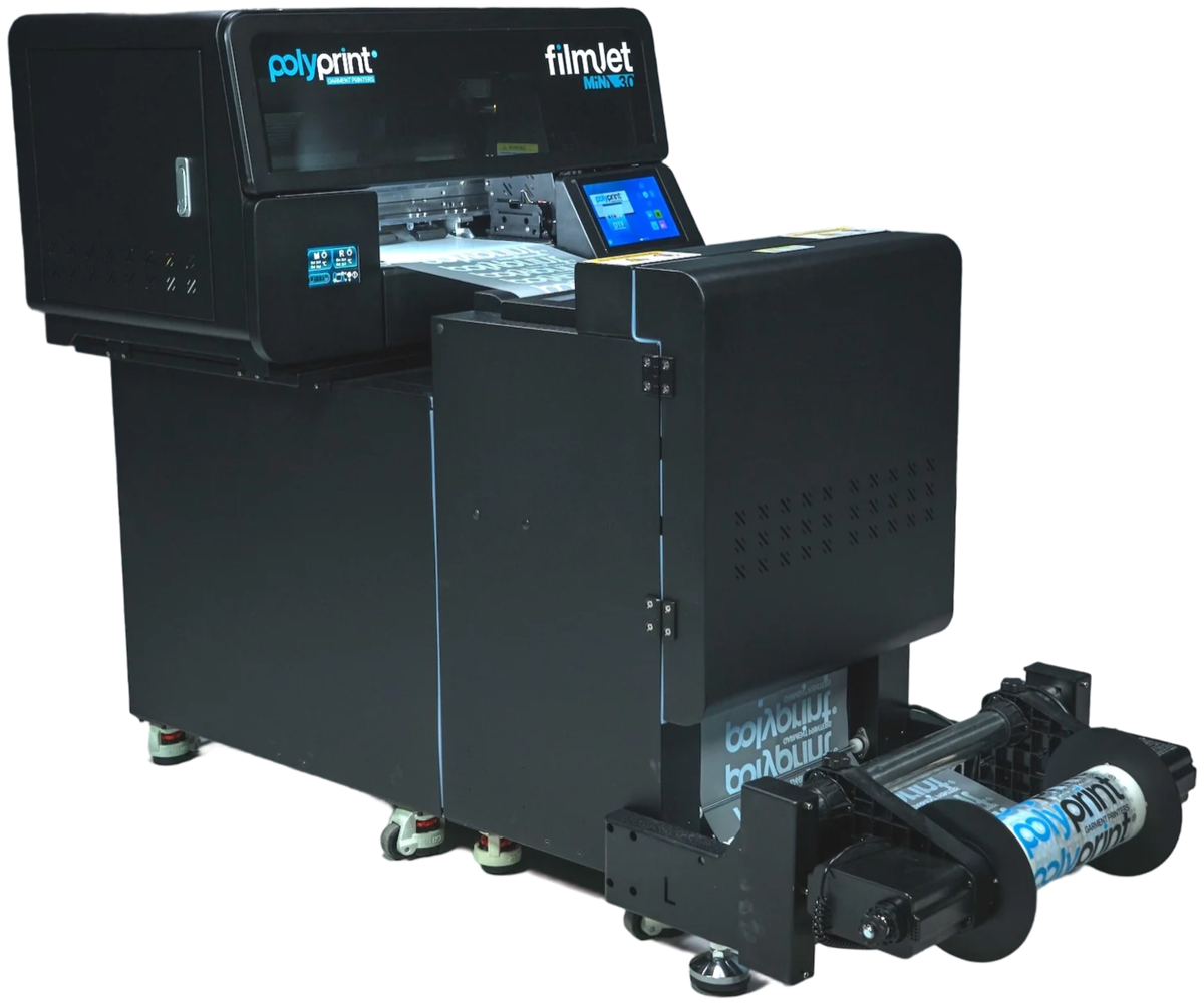 Direct-to-film printer with powder shaker and roll feed