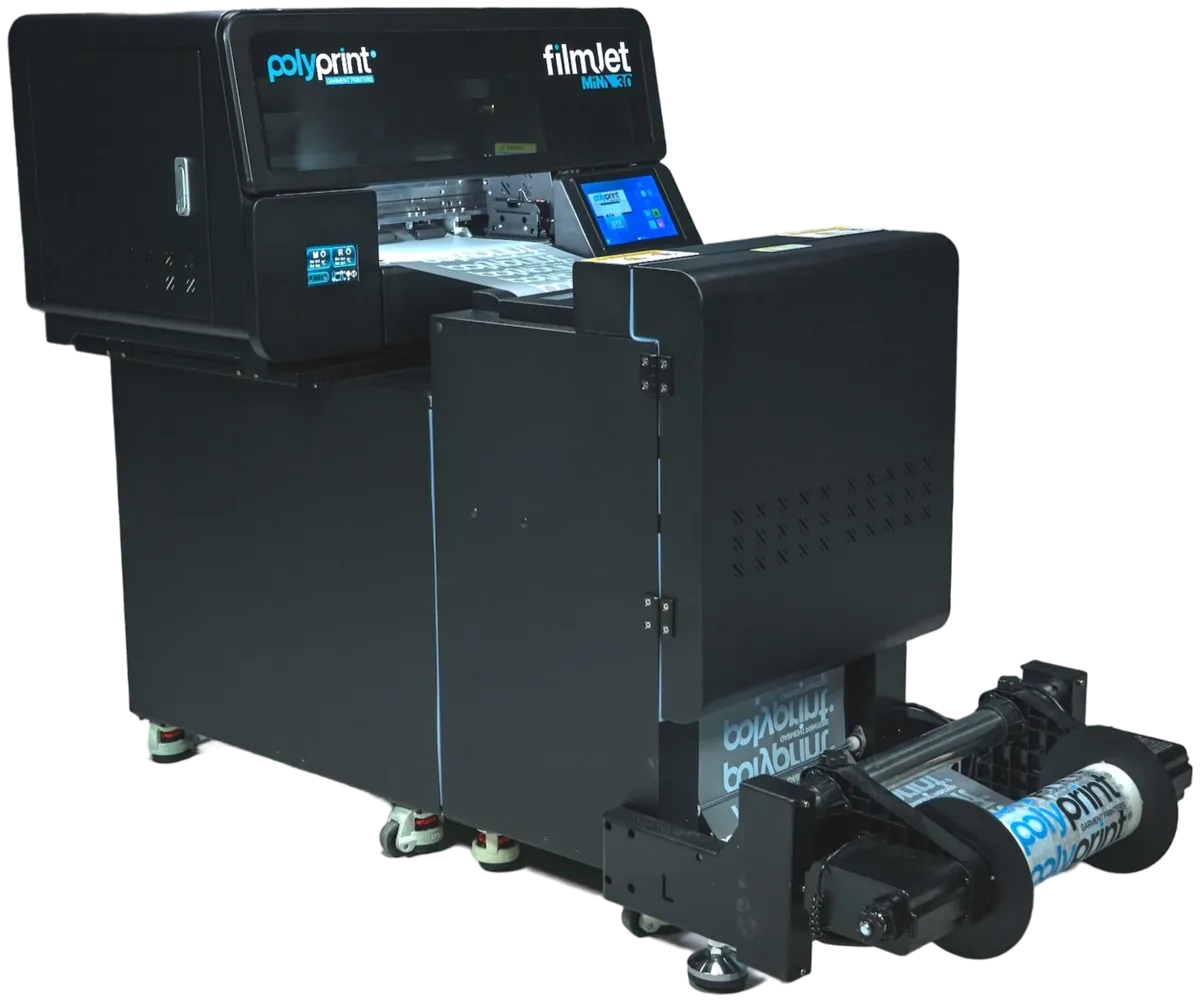 Direct-to-film printer with powder shaker and roll feed