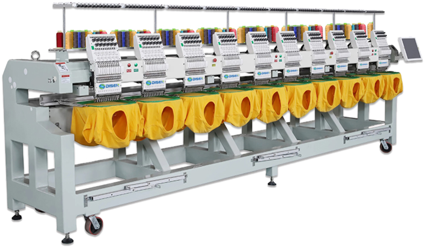 Twelve-head industrial embroidery machine running garments