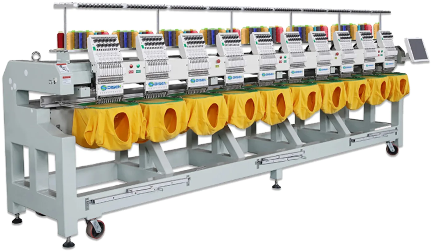 Industrial embroidery machine running garments