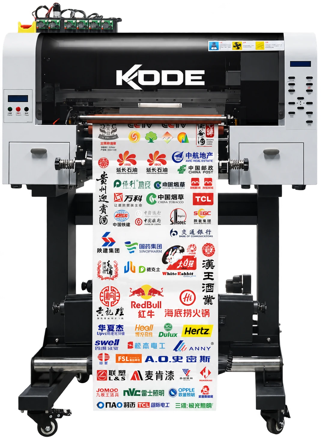 KODE flatbed UV printer running a roll of printed stickers