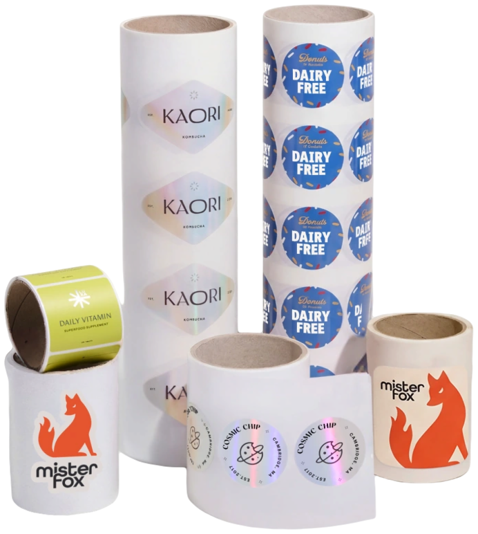 Rolls of finished UV-printed labels and stickers