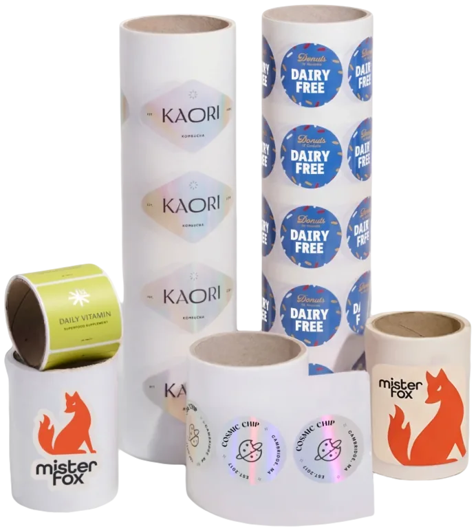 Rolls of finished UV-printed labels and stickers