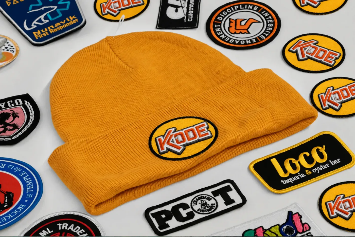 An embroidered KODE patch on a gold knit beanie, surrounded by custom patches in many shapes with merrowed and stitched edges
