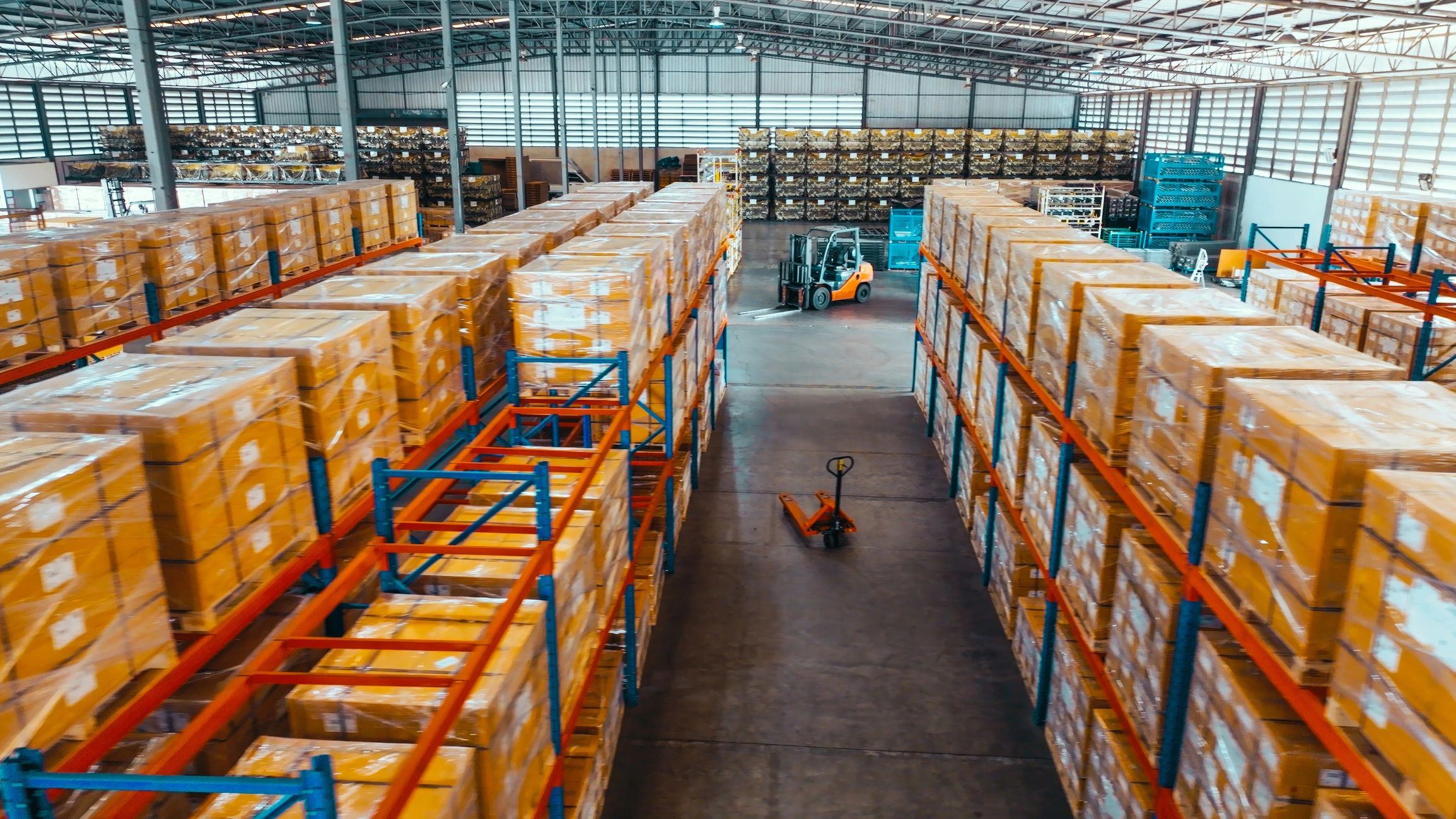 Packages stored on warehouse shelves ready for fulfillment