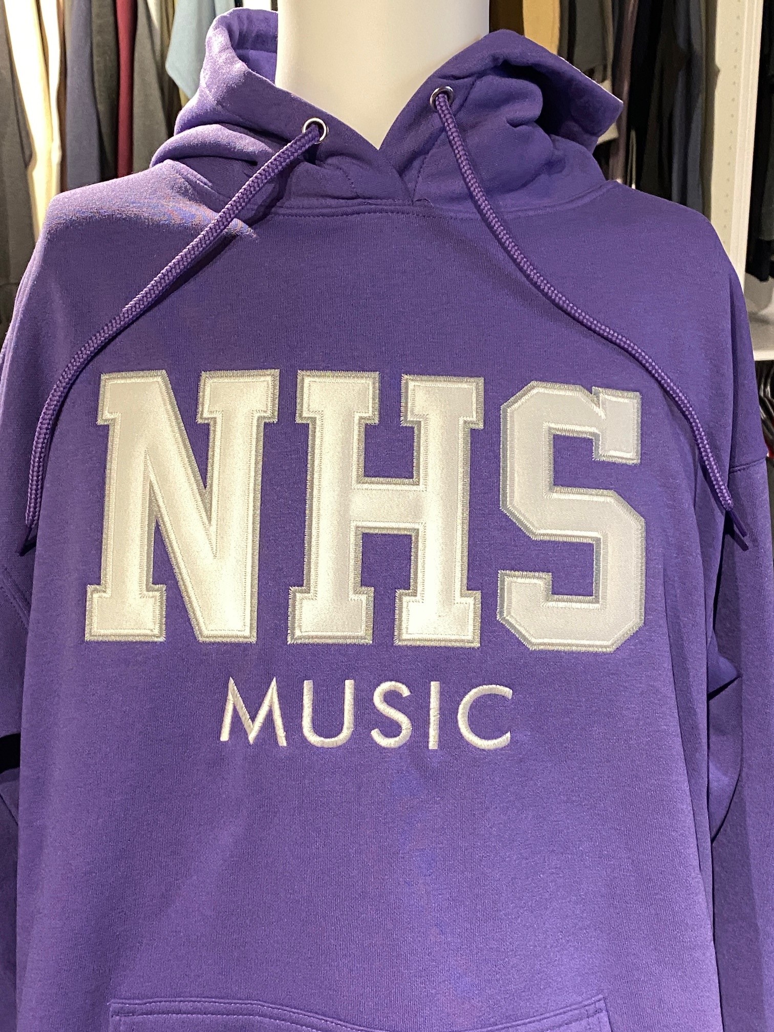 Newmarket High School applique and twill Hoodie custom decoration